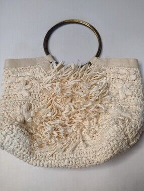 Anthropologie Rosalita Fringe Ivory Raffia Tote Handbag Purse Bohemian Q